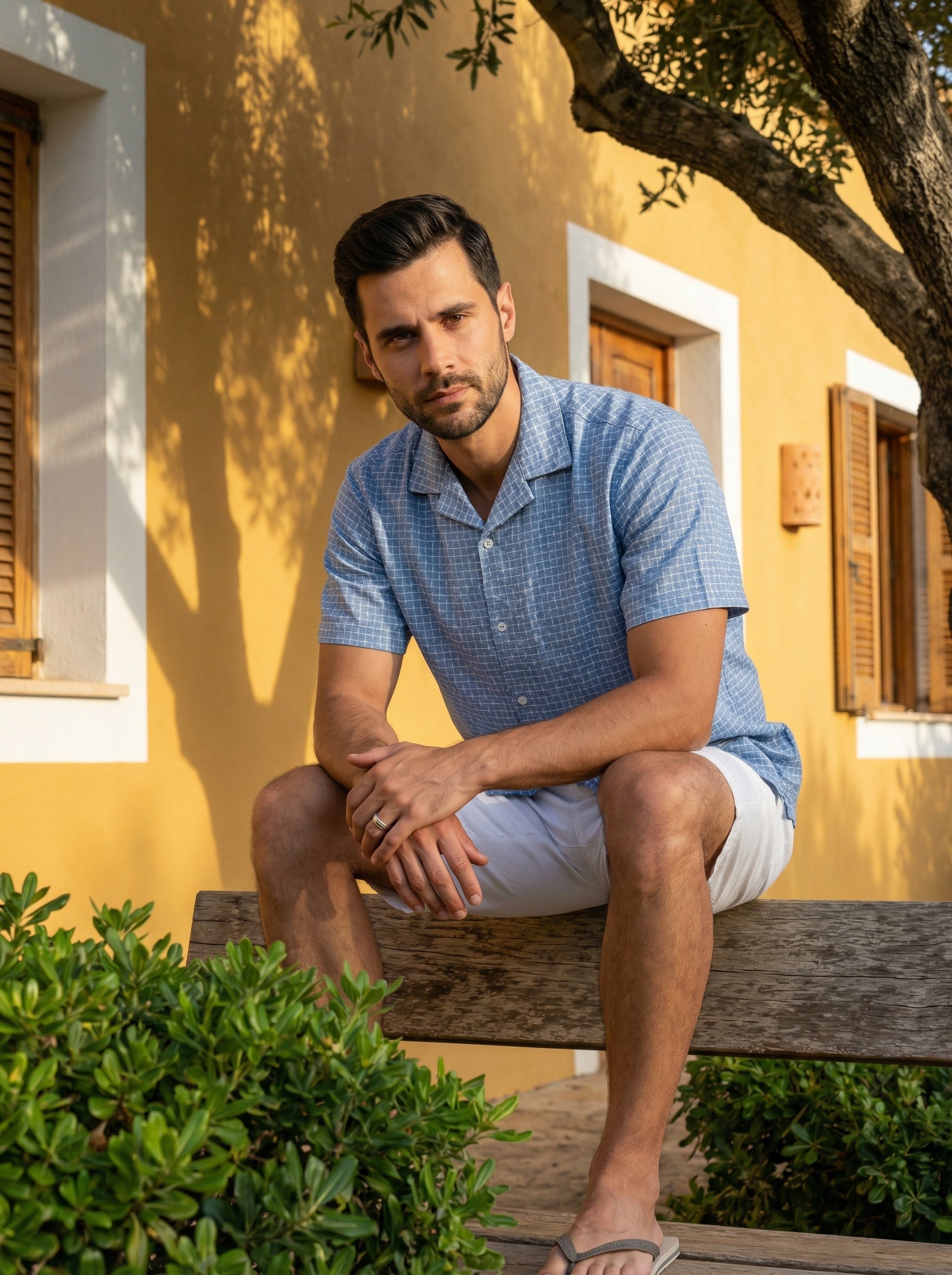 Blue Cuban Collar Short Sleeves Checks Cotton Men's Shirt