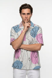 Beige Floral Print Cuban Collar Casual Cotton Men's Shirt