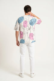 Beige Floral Print Cuban Collar Casual Cotton Men's Shirt