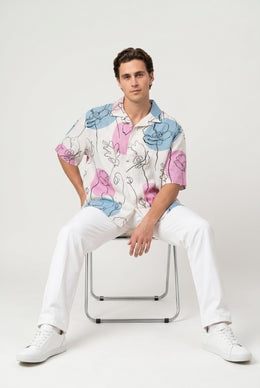 Beige Floral Print Cuban Collar Casual Cotton Men's Shirt