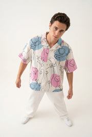Beige Floral Print Cuban Collar Casual Cotton Men's Shirt