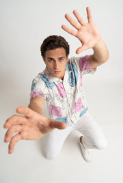Beige Floral Print Cuban Collar Casual Cotton Men's Shirt
