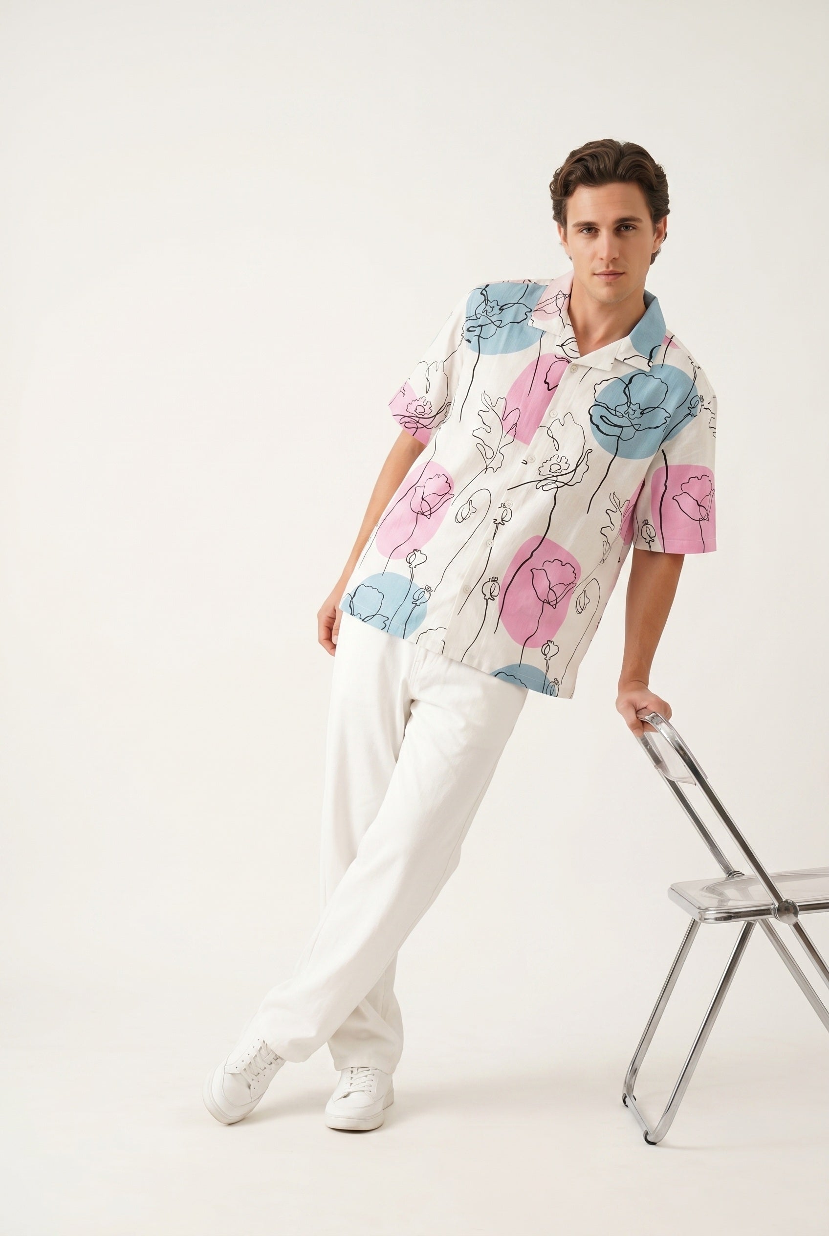 Beige Floral Print Cuabn Collar Casual Relaxed Fit Cotton Mend's Shirt