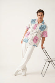 Beige Floral Print Cuban Collar Casual Cotton Men's Shirt