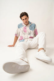 Beige Floral Print Cuban Collar Casual Cotton Men's Shirt