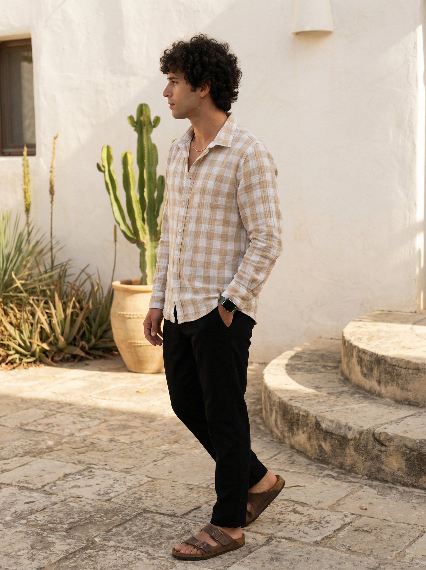 Brown Spread Collar Gingham Checks Cotton Men's Shirt