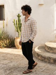 Brown Spread Collar Gingham Checks Cotton Men's Shirt