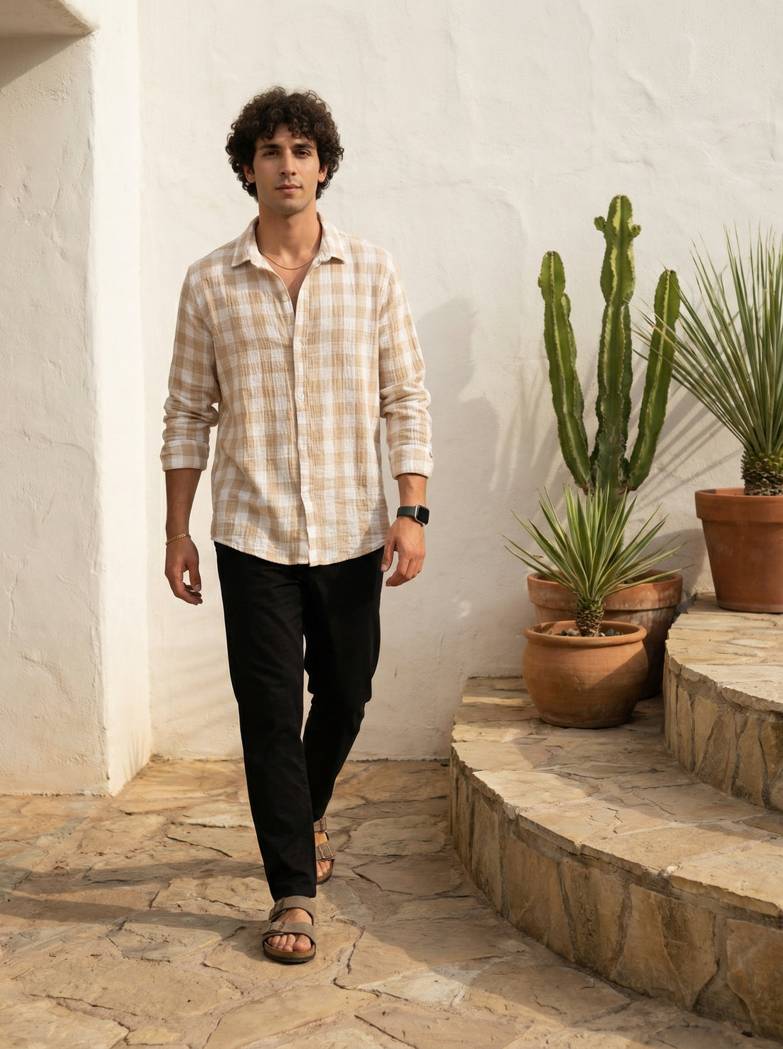 Brown Spread Collar Gingham Checks Cotton Men's Shirt