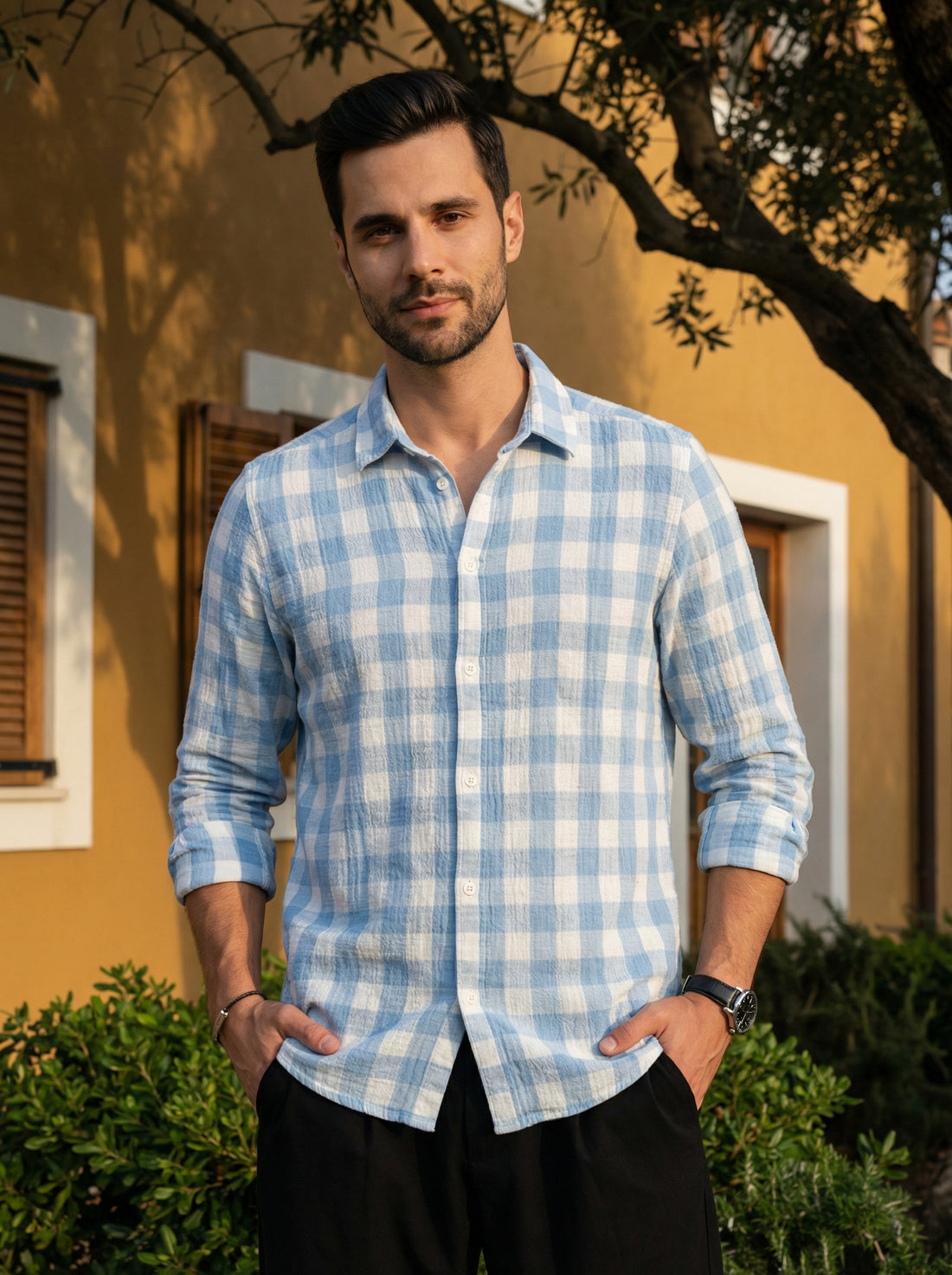 Blue Spread Collar Long Sleeves Gingham Checks Cotton Men's Shirt