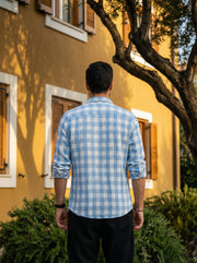 Blue Spread Collar Long Sleeves Gingham Checks Cotton Men's Shirt