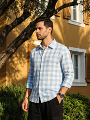 Blue Spread Collar Long Sleeves Gingham Checks Cotton Men's Shirt