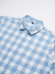 Blue Spread Collar Long Sleeves Gingham Checks Cotton Men's Shirt