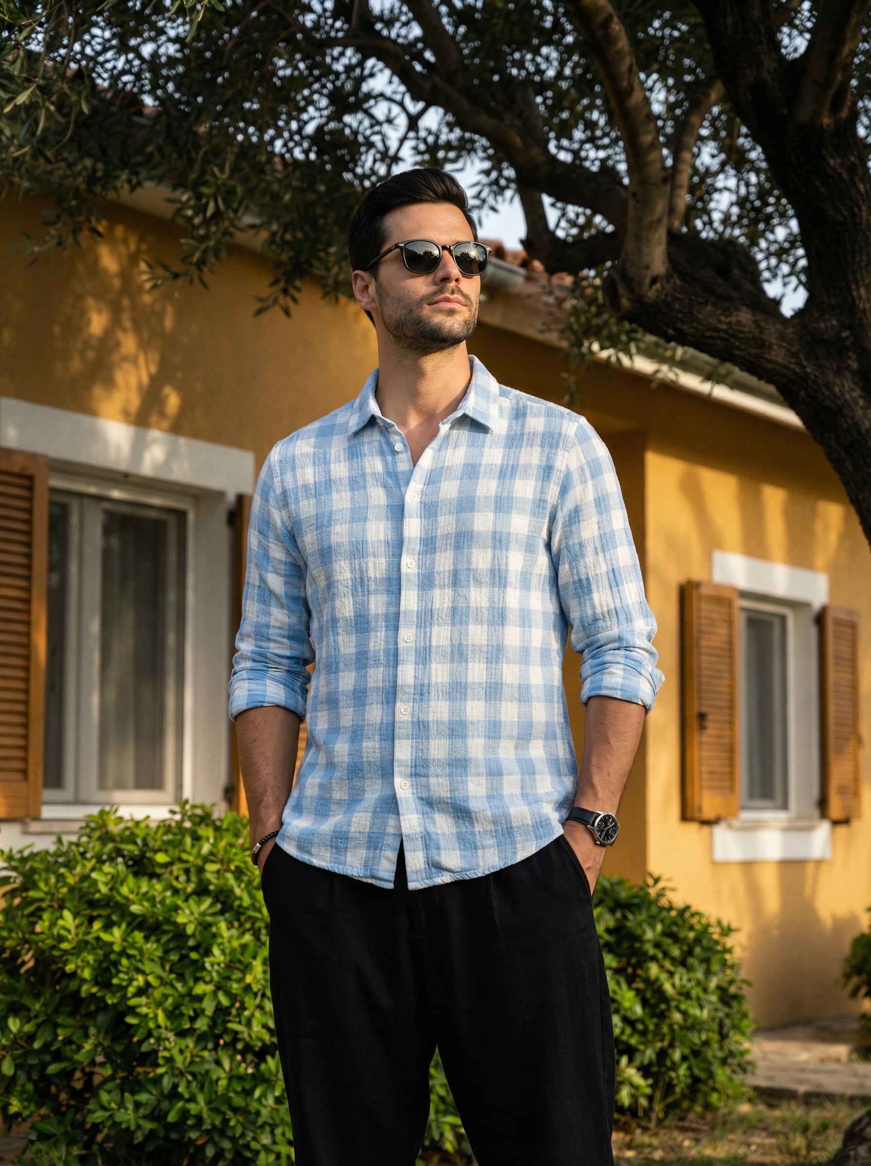 Blue Spread Collar Long Sleeves Gingham Checks Cotton Men's Shirt