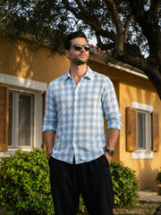 Blue Spread Collar Long Sleeves Gingham Checks Cotton Men's Shirt