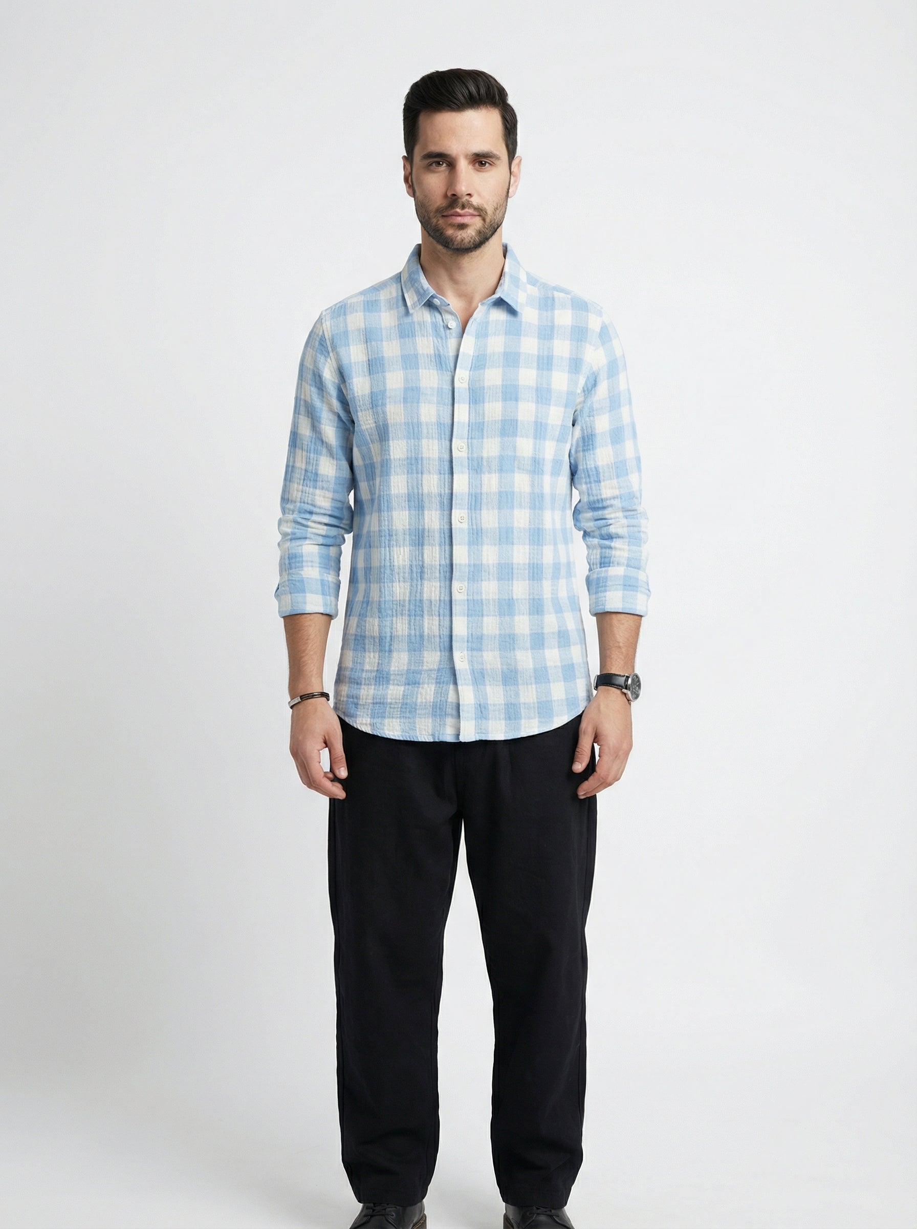 Blue Spread Collar Long Sleeves Gingham Checks Cotton Men's Shirt