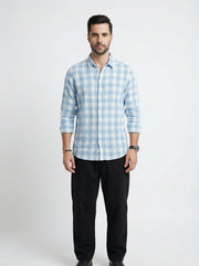Blue Spread Collar Long Sleeves Gingham Checks Cotton Men's Shirt