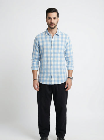 Blue Spread Collar Long Sleeves Gingham Checks Cotton Men's Shirt