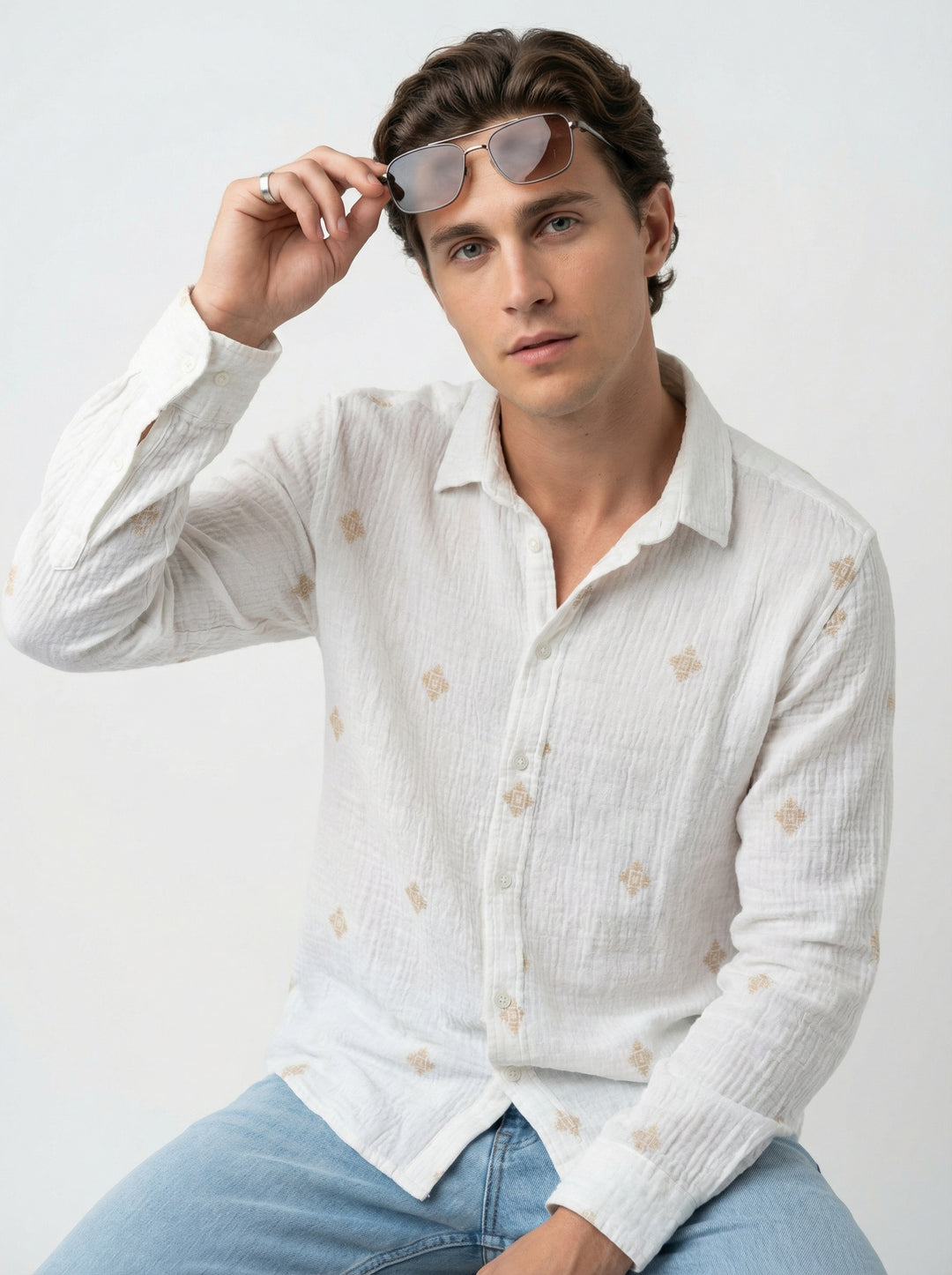 White Spread Collar Geometric Print Cotton Men's Shirt