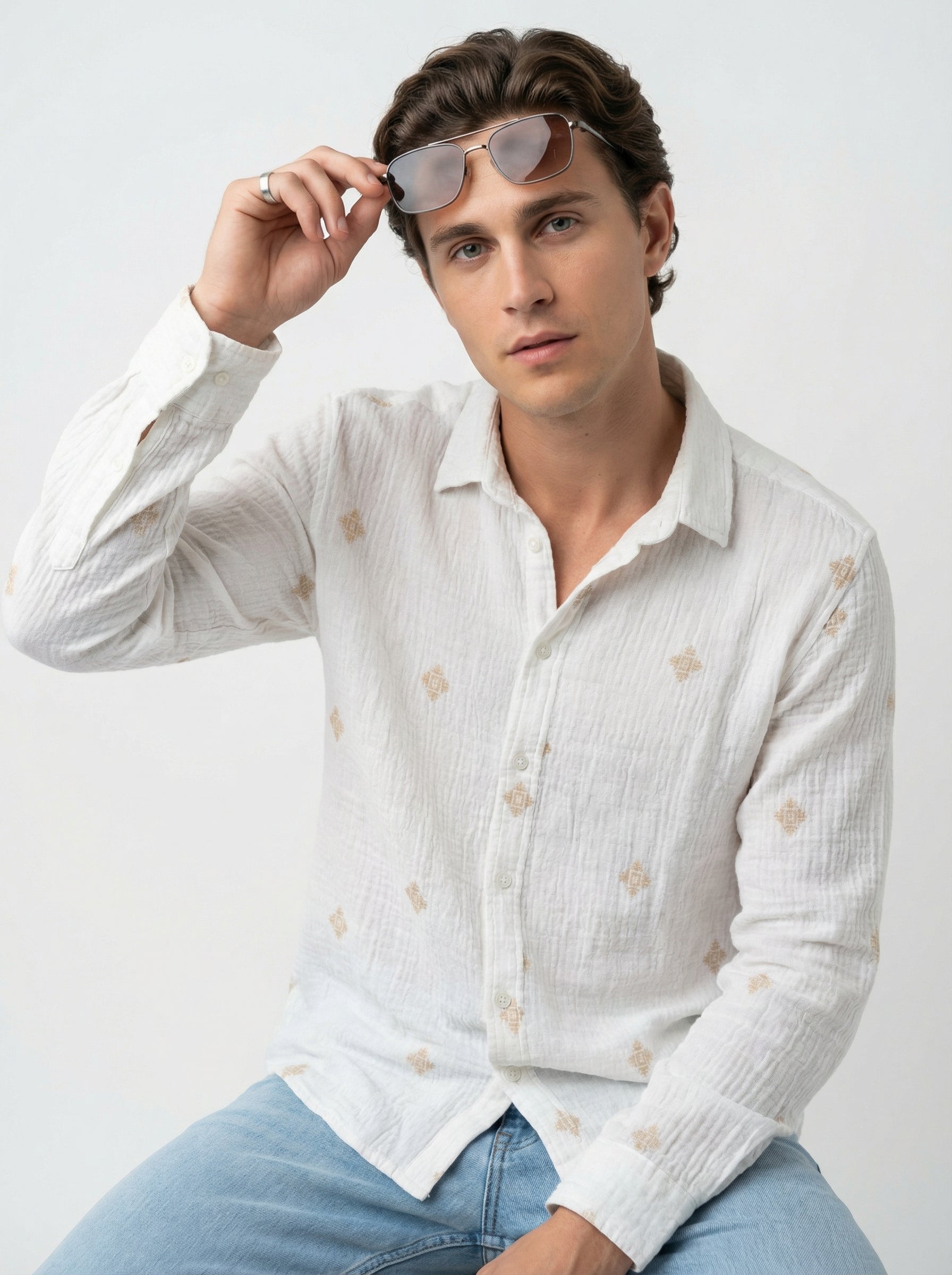 White Spread Collar Geometric Print Cotton Men's Shirt