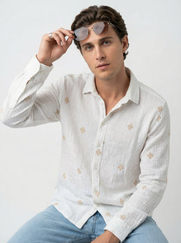 White Spread Collar Geometric Print Cotton Men's Shirt