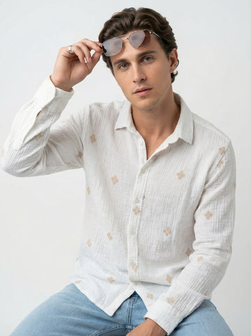 White Spread Collar Geometric Print Cotton Men's Shirt