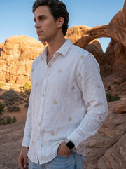 White Spread Collar Geometric Print Cotton Men's Shirt