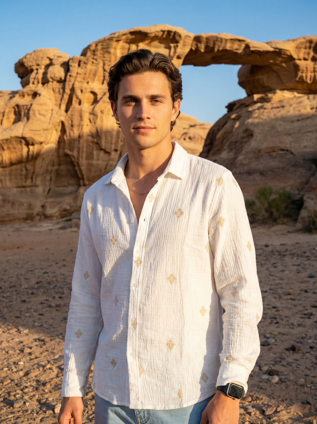 White Spread Collar Geometric Print Cotton Men's Shirt