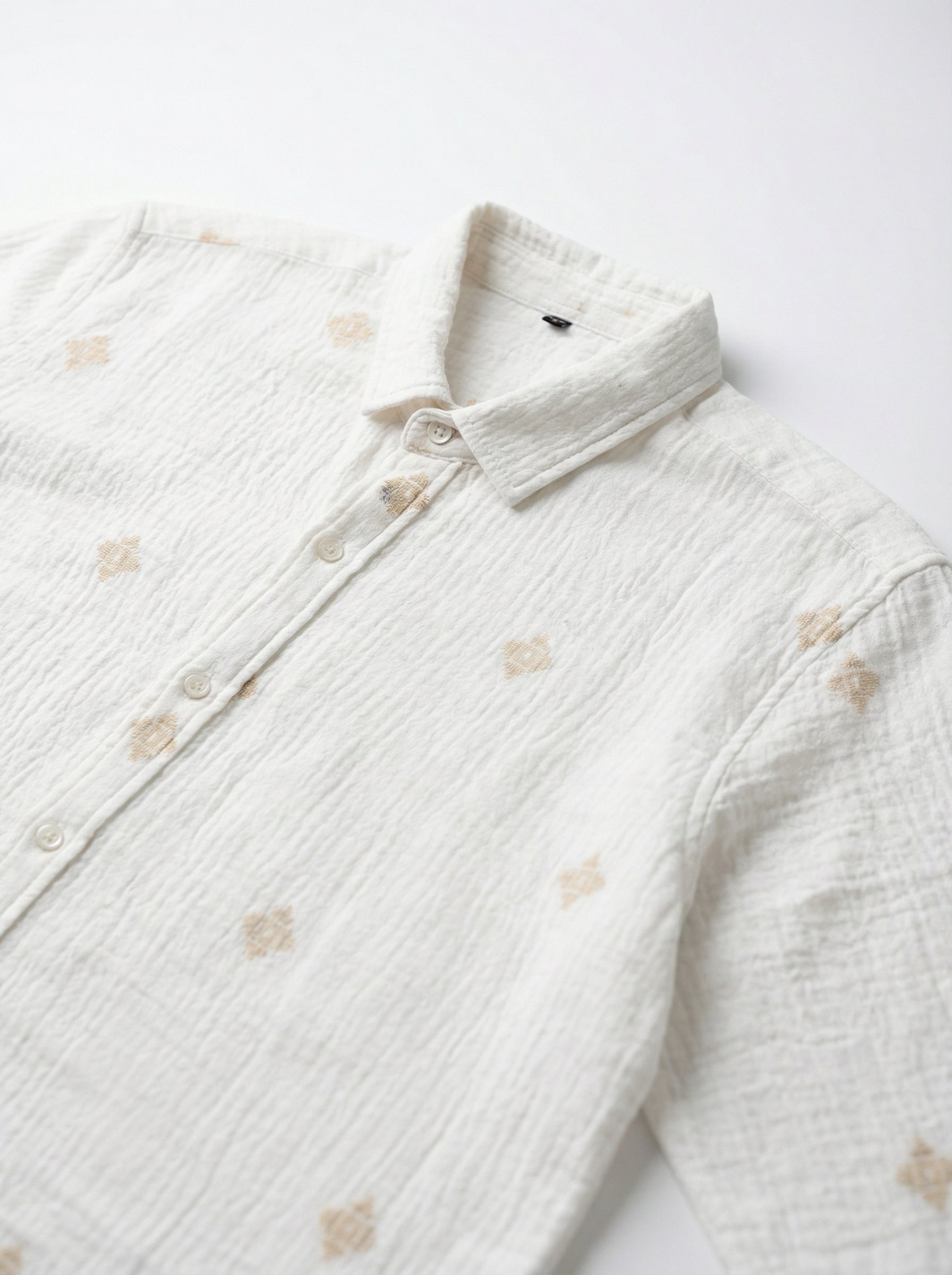 White Spread Collar Geometric Print Cotton Men's Shirt