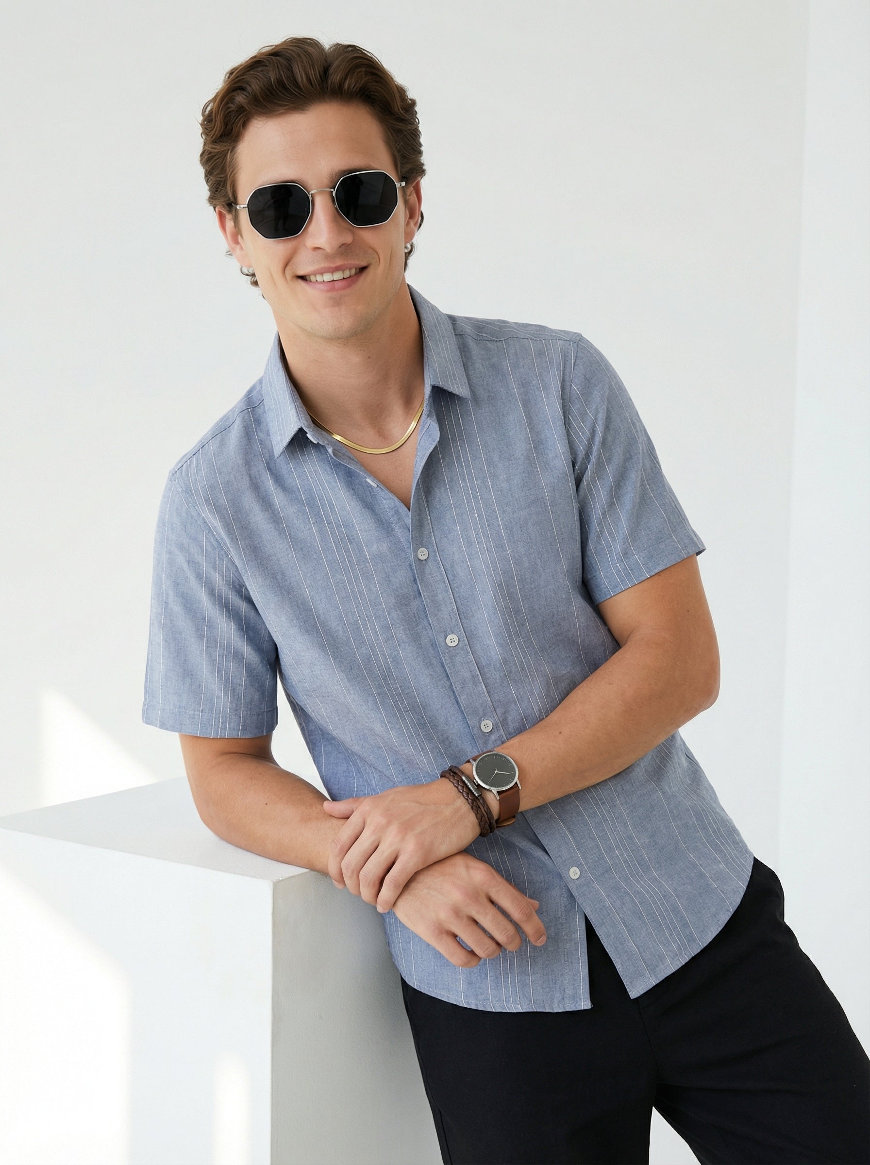 Blue Spread Collar Vertical Stripes Cotton Men's Shirt