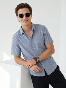 Blue Spread Collar Vertical Stripes Cotton Men's Shirt