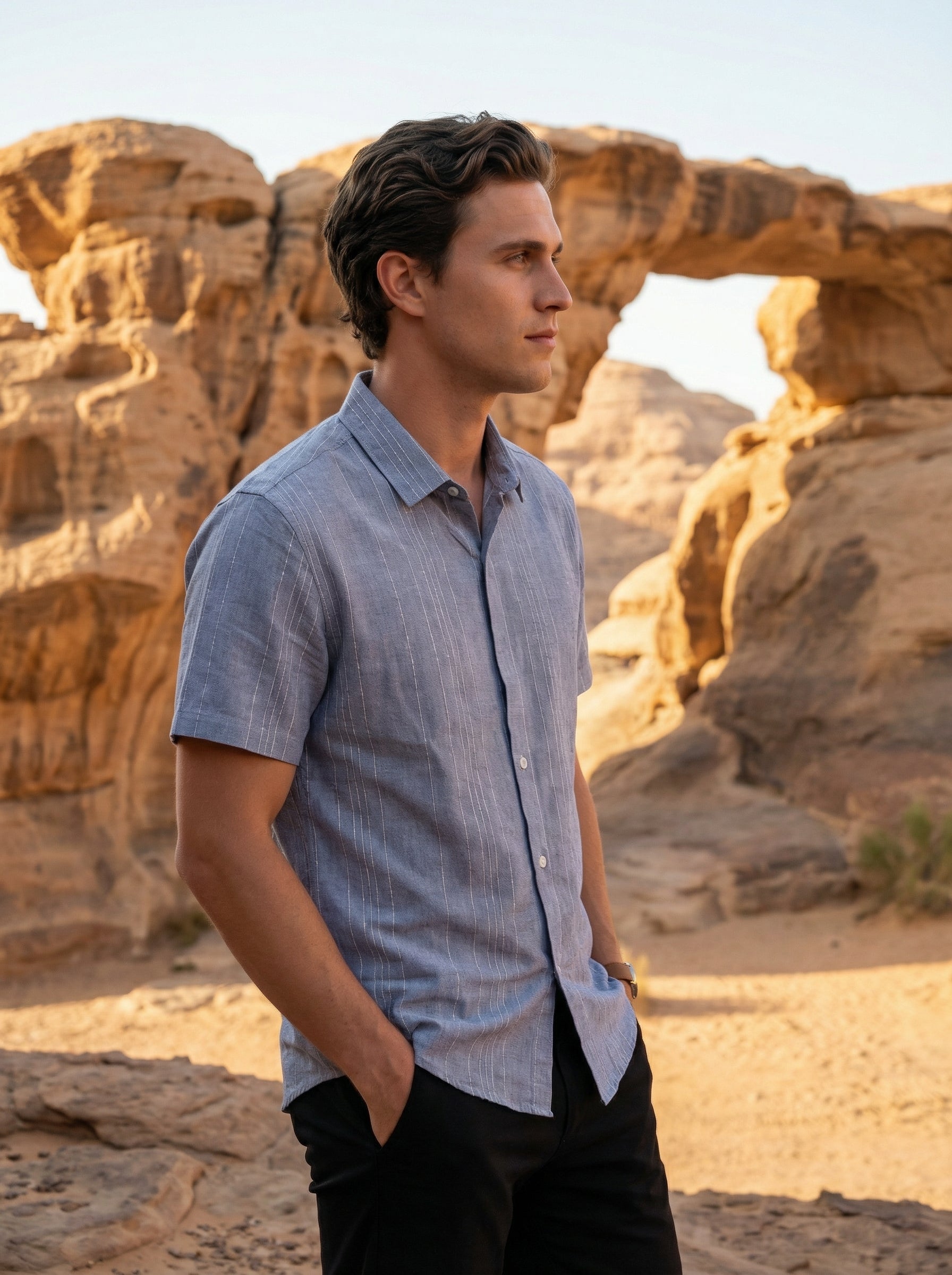 Blue Spread Collar Vertical Stripes Cotton Men's Shirt