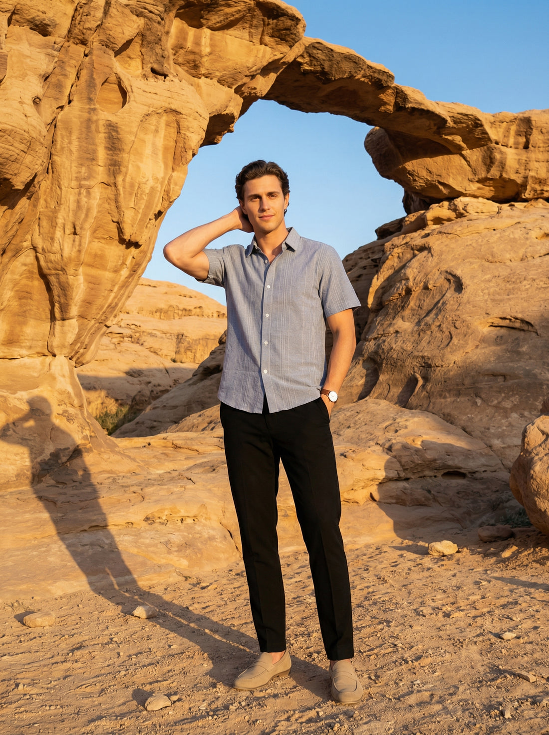 Blue Spread Collar Vertical Stripes Cotton Men's Shirt