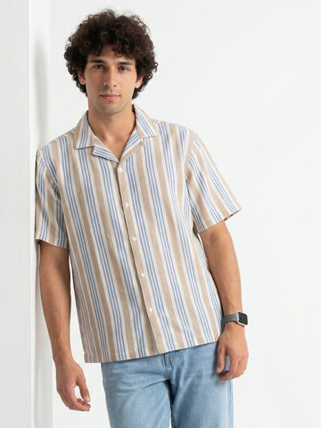 Off White Cuban Collar Vertical Stripes Cotton Men's Shirt