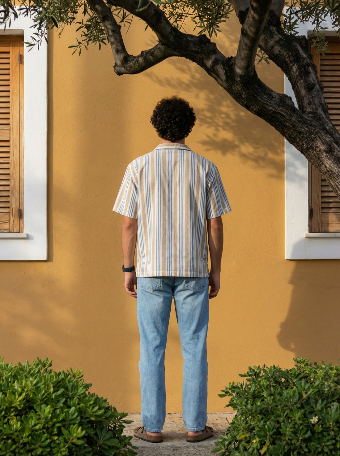 Off White Cuban Collar Vertical Stripes Cotton Men's Shirt