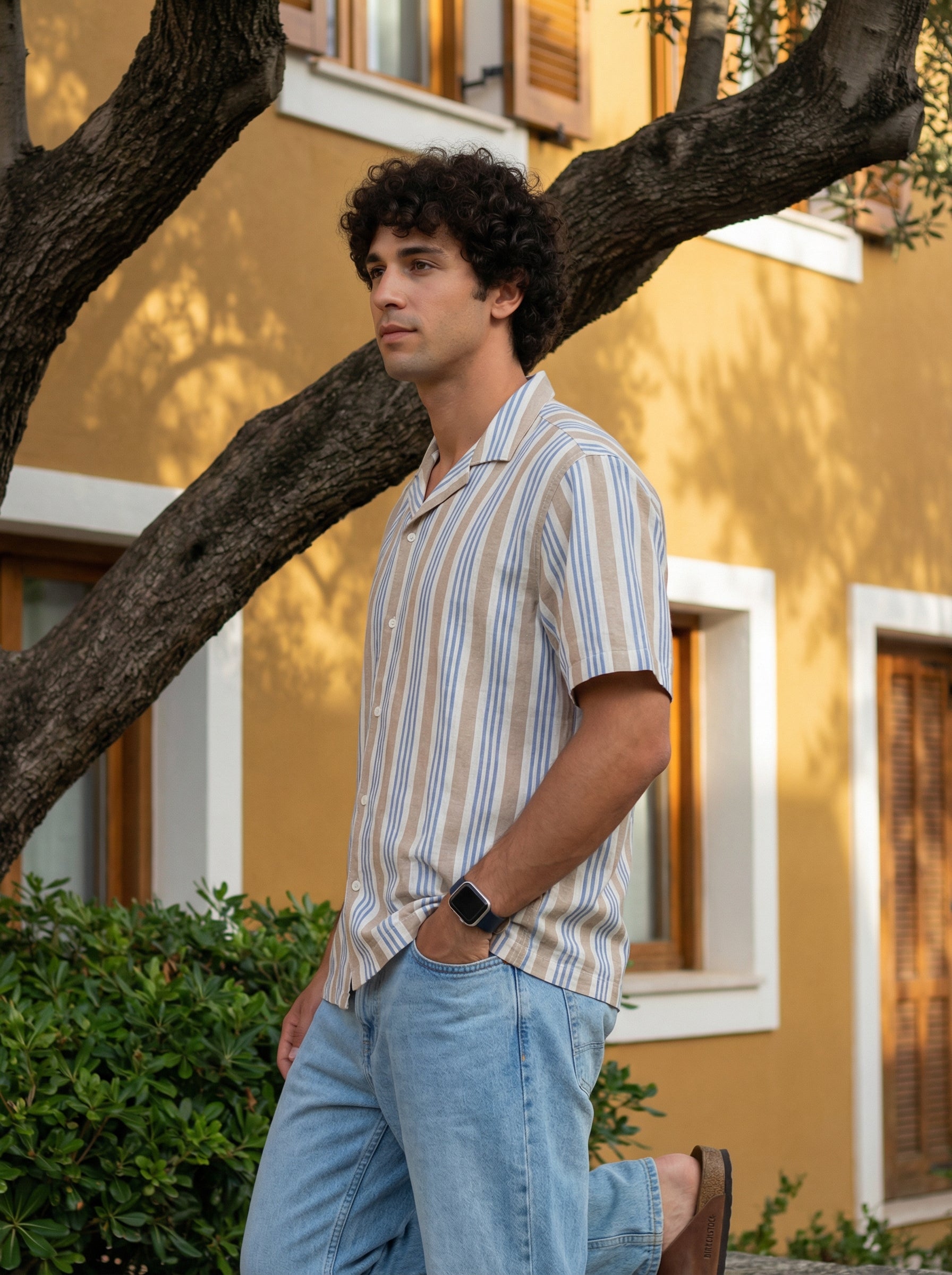 Off White Cuban Collar Vertical Stripes Cotton Men's Shirt