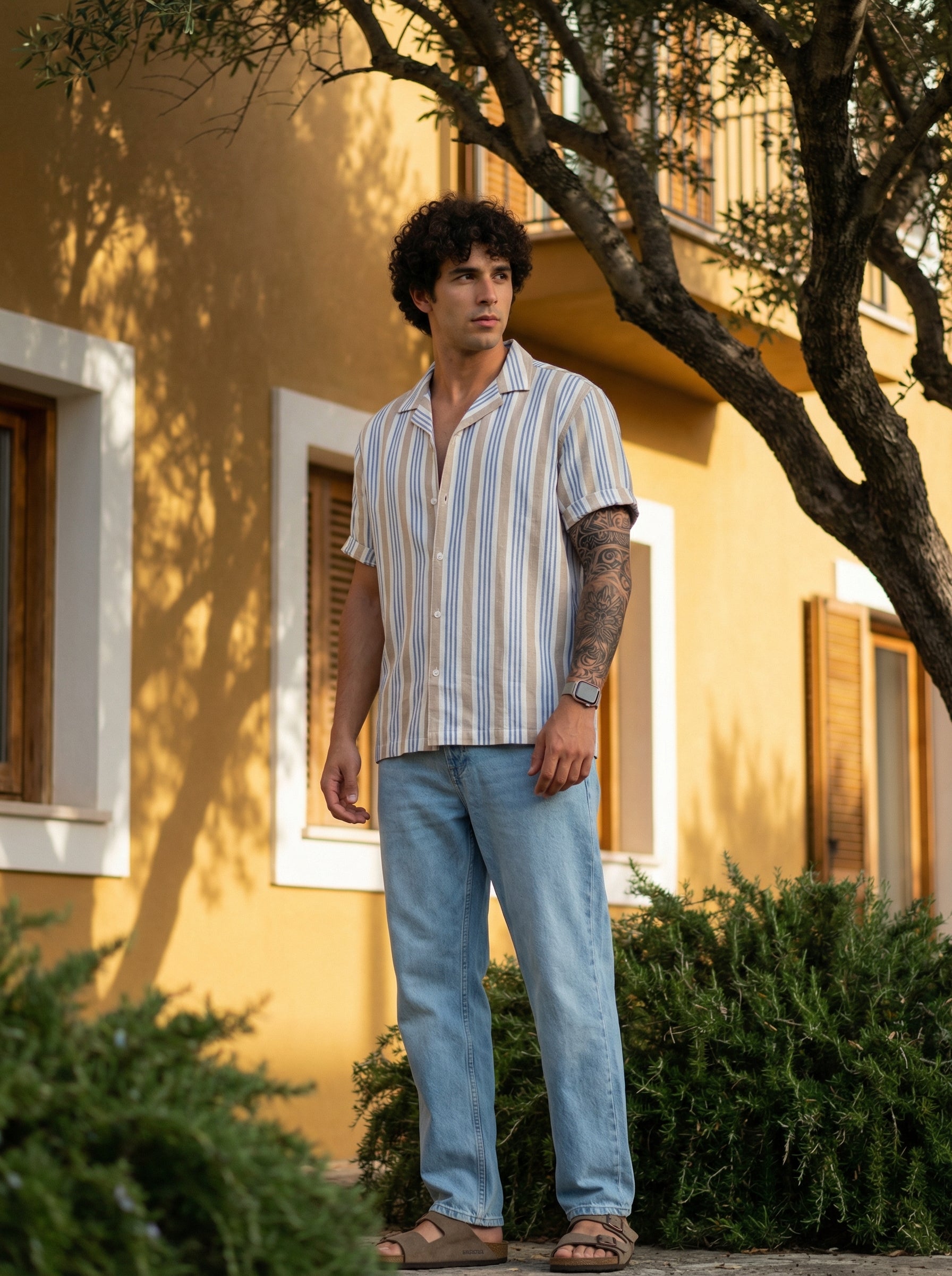Off White Cuban Collar Vertical Stripes Cotton Men's Shirt