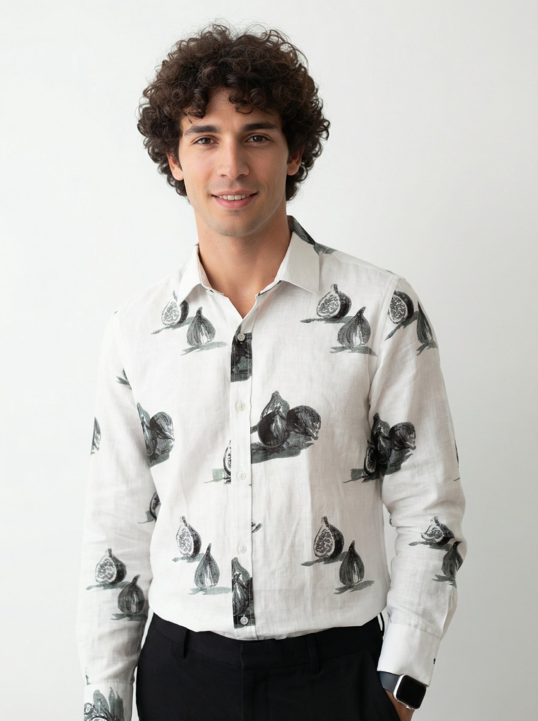 Off White Spread Collar Conversational Cotton Men's Shirt