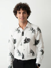 Off White Spread Collar Conversational Cotton Men's Shirt