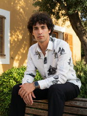 Off White Spread Collar Conversational Cotton Men's Shirt