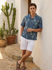 Blue Spread Collar Floral Print Casual Cotton Men's Shirt