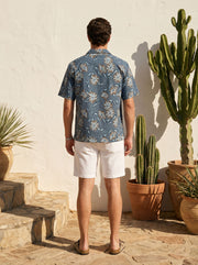 Blue Spread Collar Floral Print Casual Cotton Men's Shirt