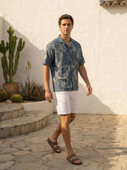 Blue Spread Collar Floral Print Casual Cotton Men's Shirt