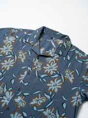 Blue Spread Collar Floral Print Casual Cotton Men's Shirt