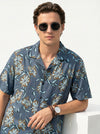 Blue Spread Collar Floral Print Casual Cotton Men's Shirt