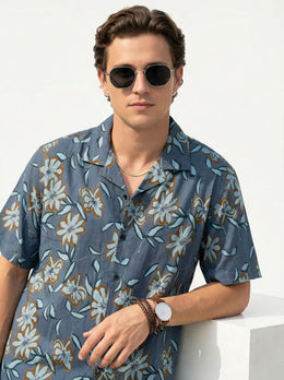Blue Spread Collar Floral Print Casual Cotton Men's Shirt