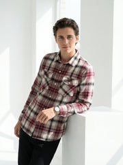 Red Spread Collar Long Sleeves Gingham Checks Cotton Men's Shirt