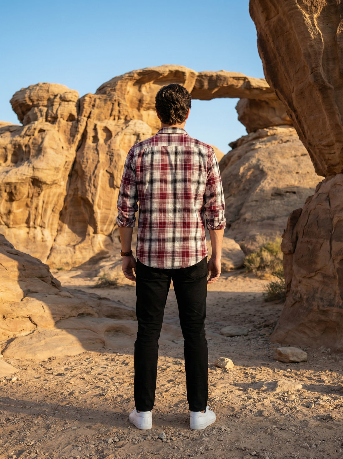 Red Spread Collar Long Sleeves Gingham Checks Cotton Men's Shirt