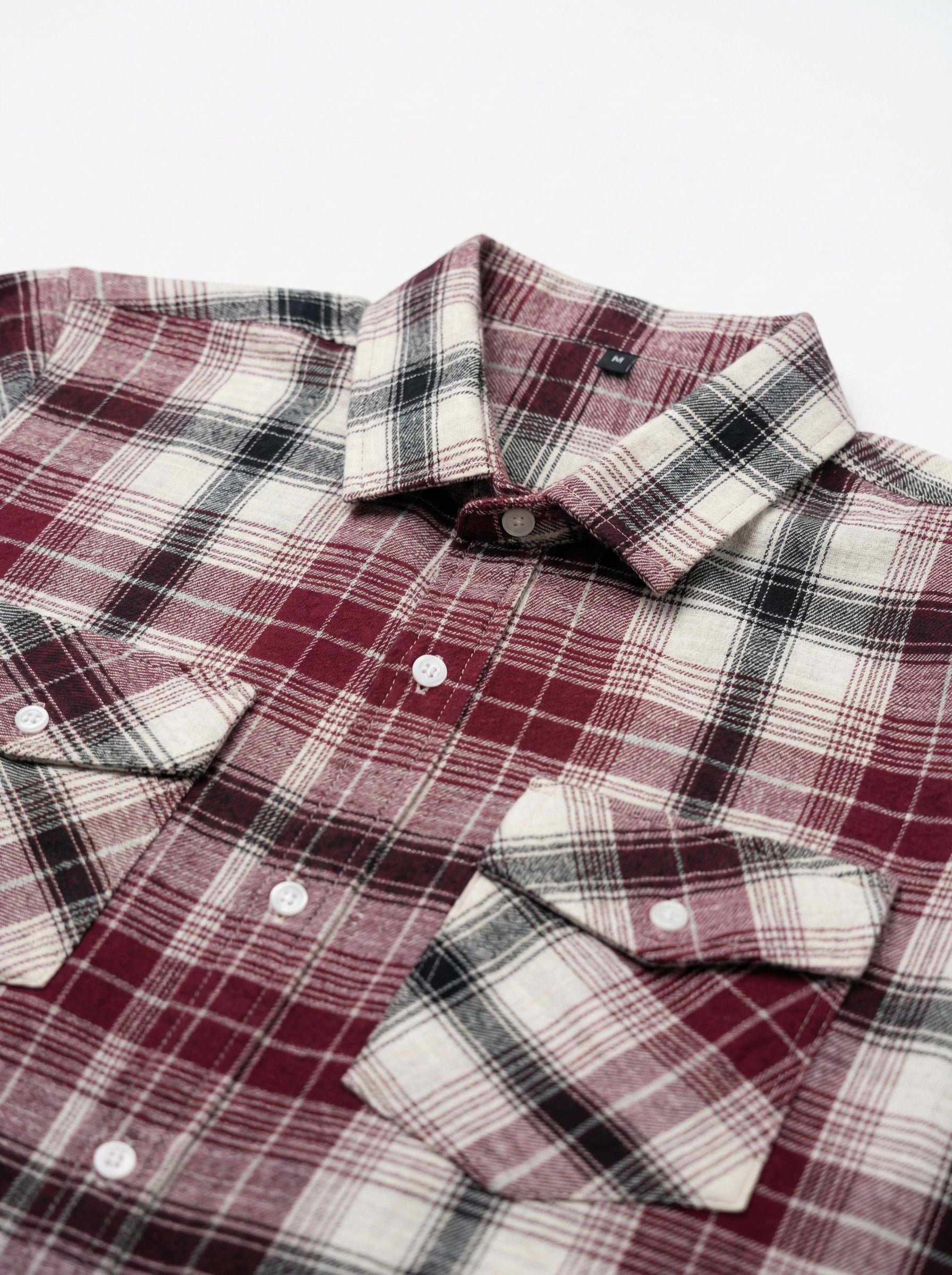 Red Spread Collar Long Sleeves Gingham Checks Cotton Men's Shirt