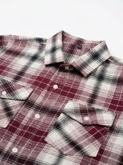Red Spread Collar Long Sleeves Gingham Checks Cotton Men's Shirt