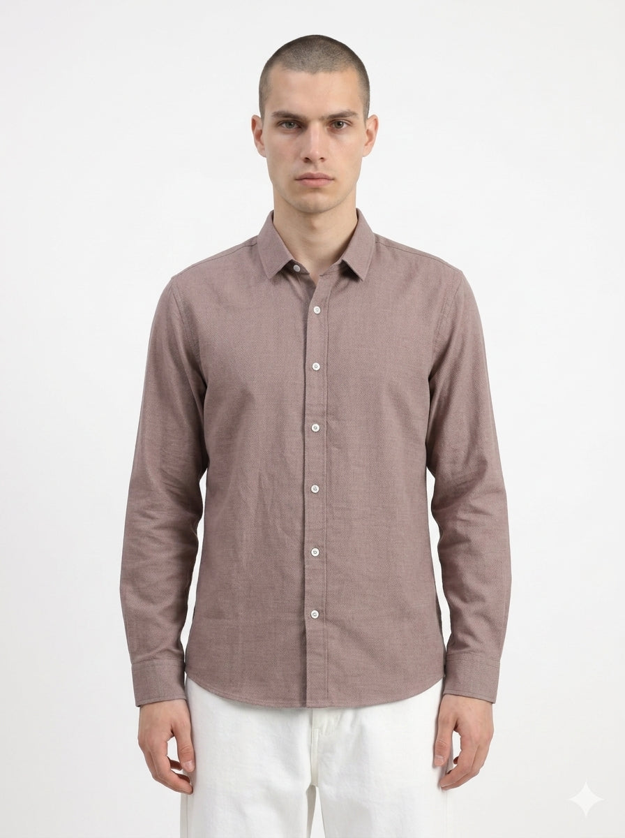 Mauve Spread Collar Solid Long Sleeves Cotton Men's Shirt